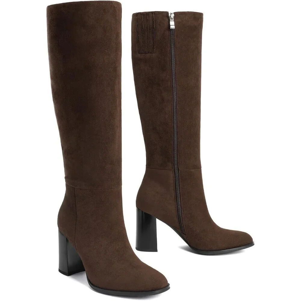 Women's Suede Brown Knee High Boots Round Toe Side Zip Chunky Heel Rubber